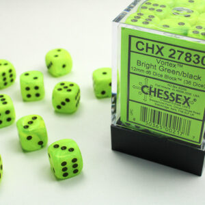 Chessex CHX 27830 Vortex Bright Green/black 12mm d6 Dice Block (36 dice)